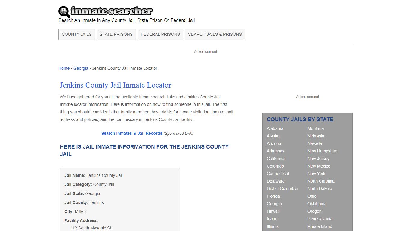 Jenkins County Jail Inmate Locator - Inmate Searcher